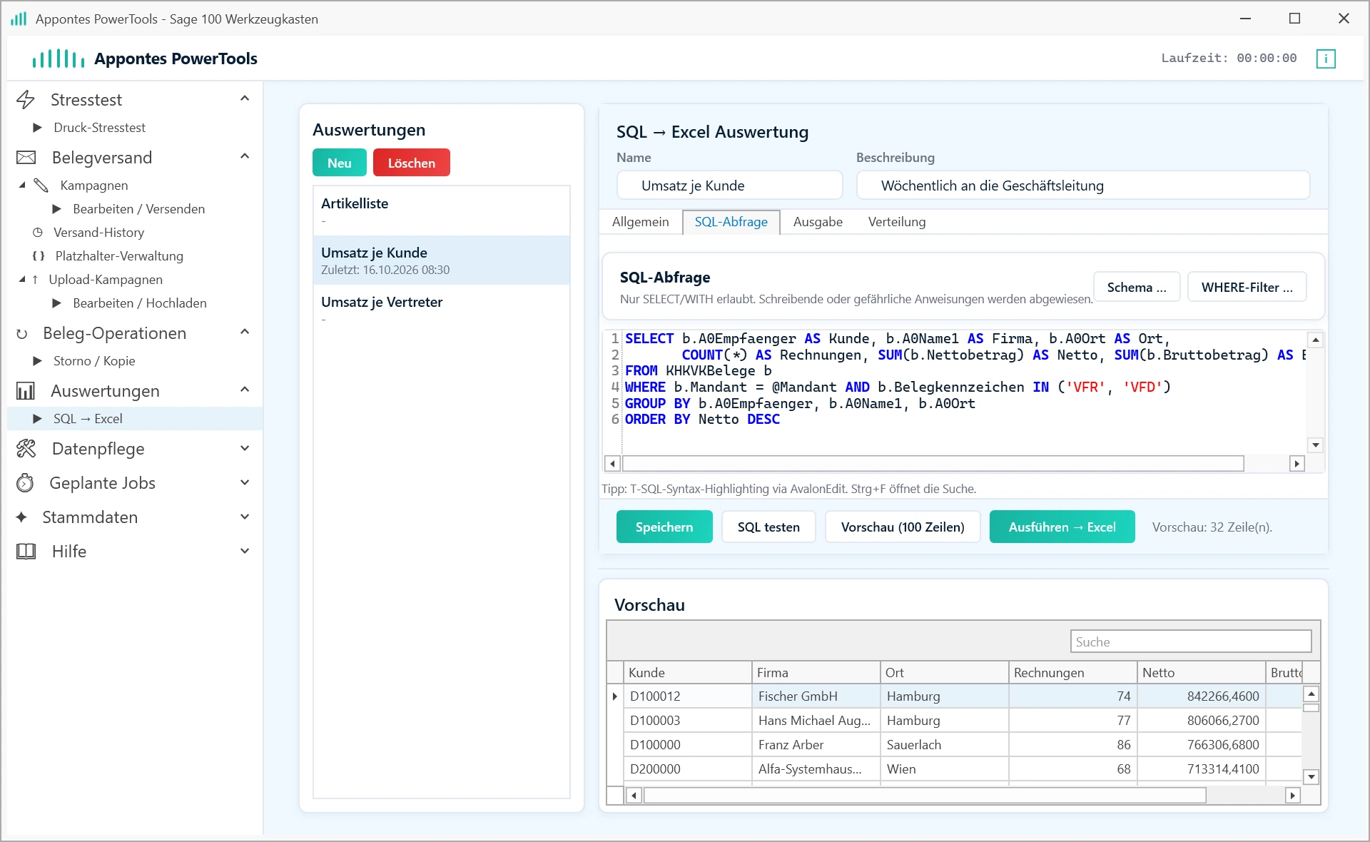 Appontes PowerTools: SQL → Excel – Auswertung mit Vorschau